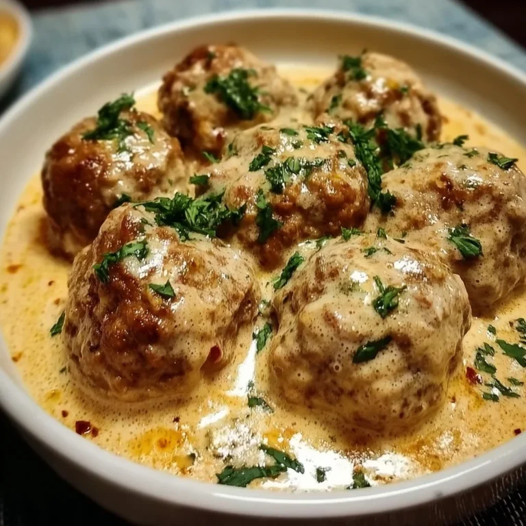A plate of delicious creamy meatballs served with sauce.