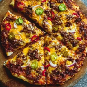 Delicious cheeseburger pizza topped with beef, cheese, and pickles.