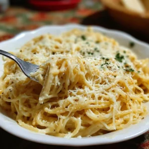 Cheesy garlic parmesan spaghetti in a bowl garnished with parsley