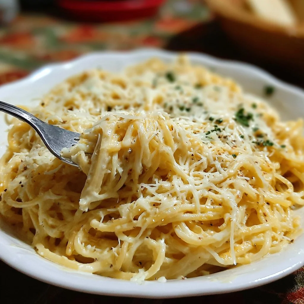Cheesy garlic parmesan spaghetti in a bowl garnished with parsley