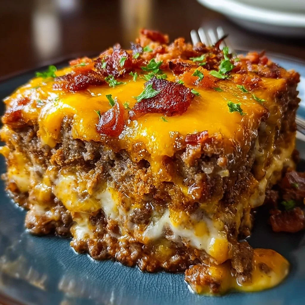 Cheesy Loaded Meatloaf Casserole topped with melted cheese and veggies