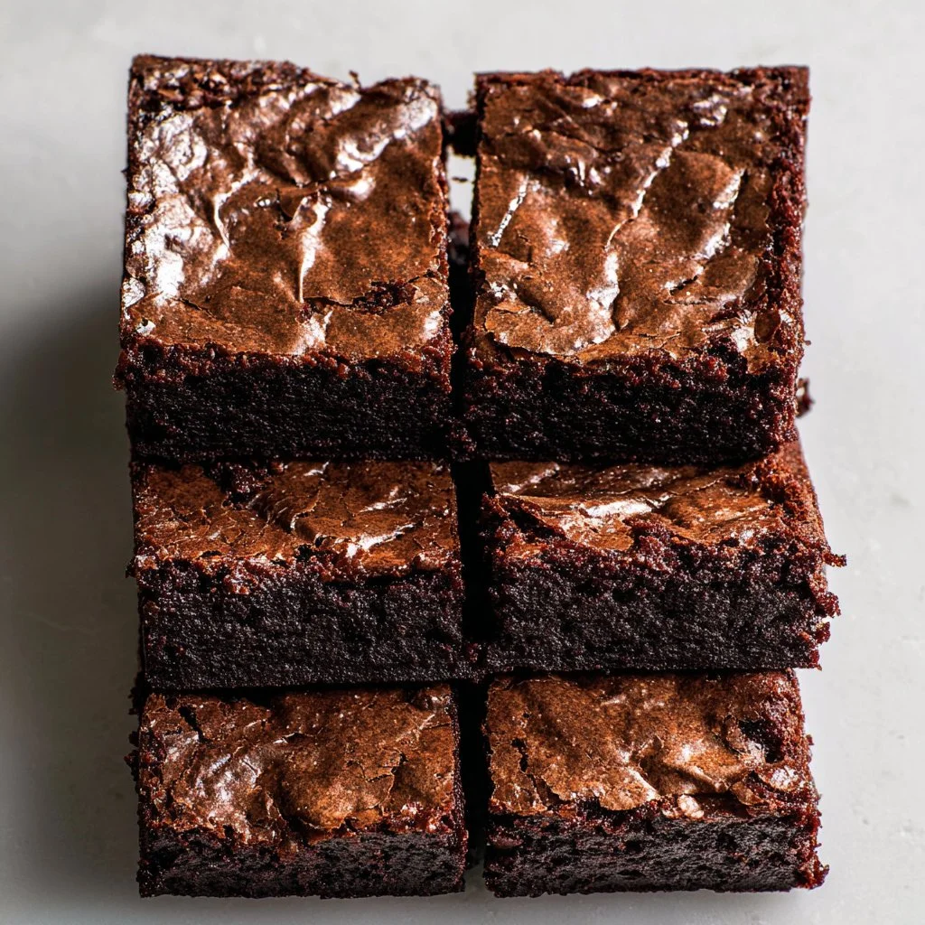 Chewy cocoa brownies topped with chocolate chips on a wooden board