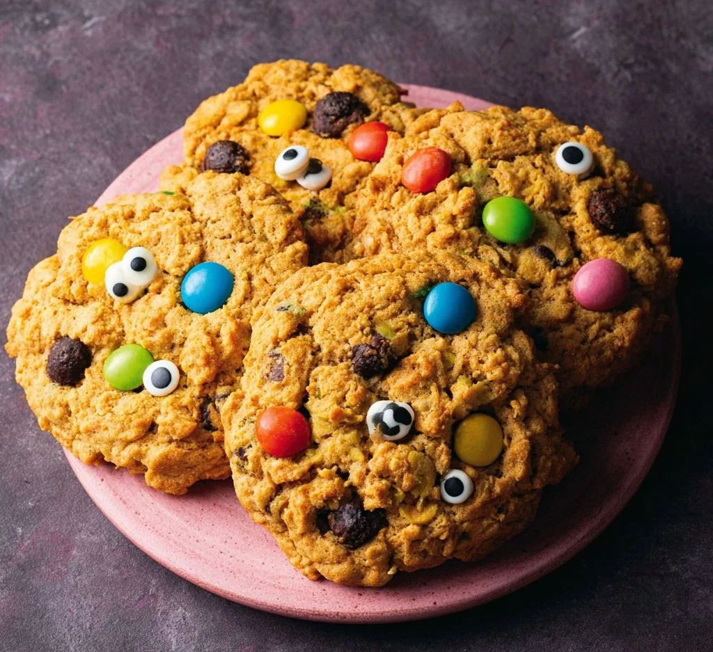 Delicious chewy monster cookies with chocolate chips and M&Ms