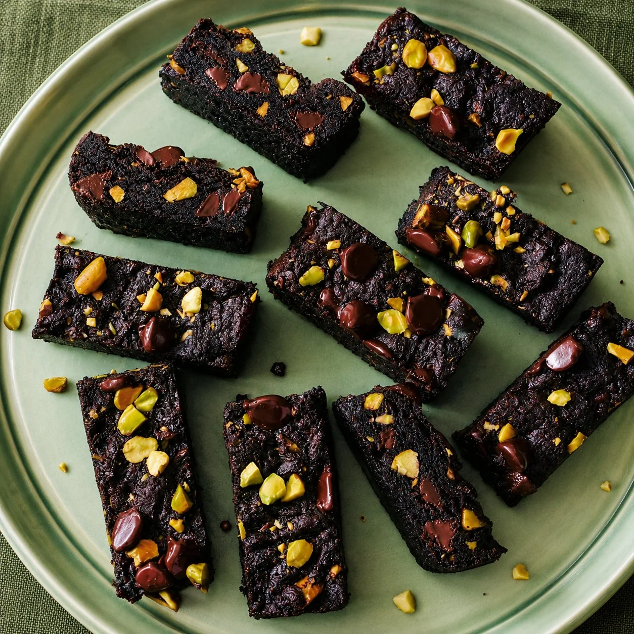 Homemade Chocolate Cherry Pistachio Bars on a wooden table with fresh cherries.