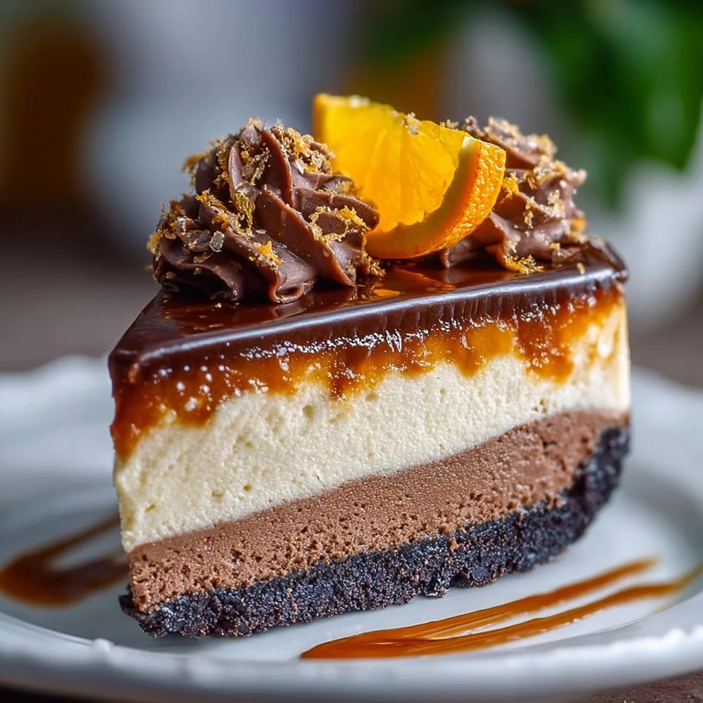Delicious Chocolate Orange Cheesecake with chocolate drizzle and orange zest
