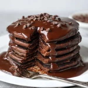 Delicious chocolate pancakes stacked with syrup and berries