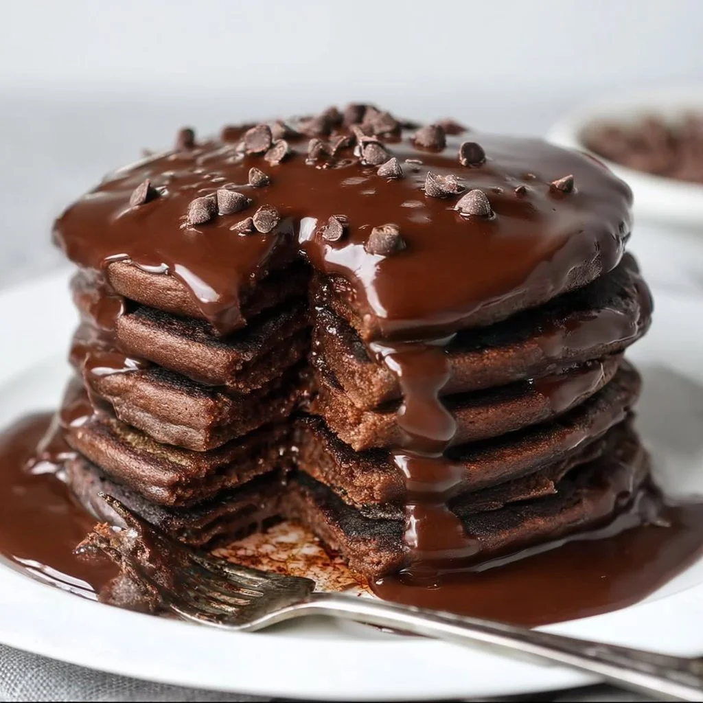 Home Delicious chocolate pancakes stacked with syrup and berries