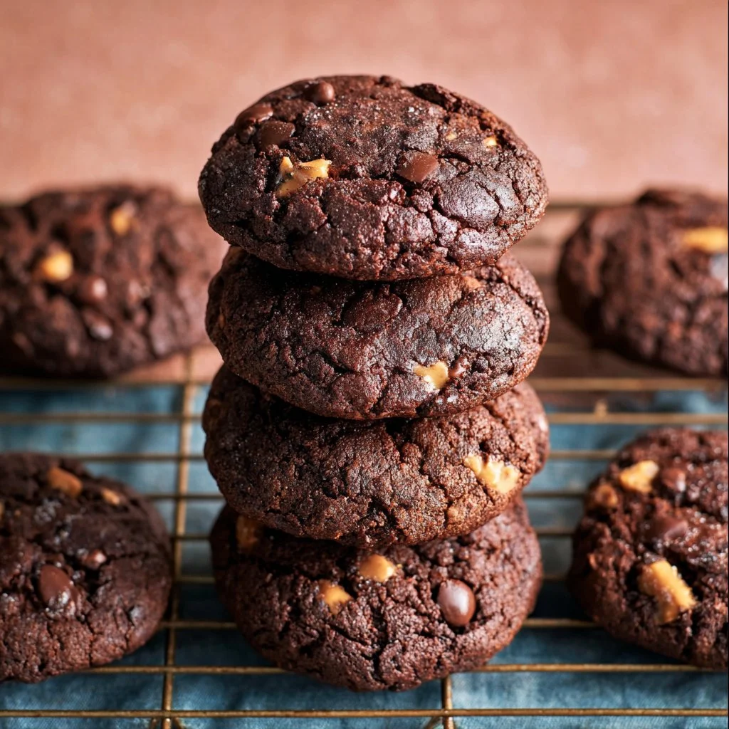 Delicious chocolate peanut butter brownie cookies on a plate.