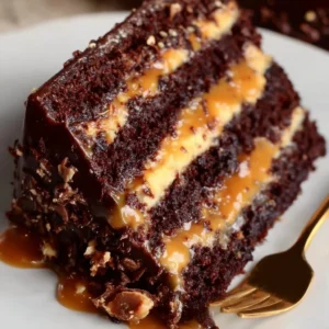 Delicious Chocolate Snickers Cake topped with caramel and peanuts