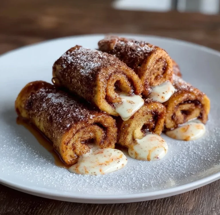 Cinnamon roll French toast rolls on a plate with syrup and powdered sugar