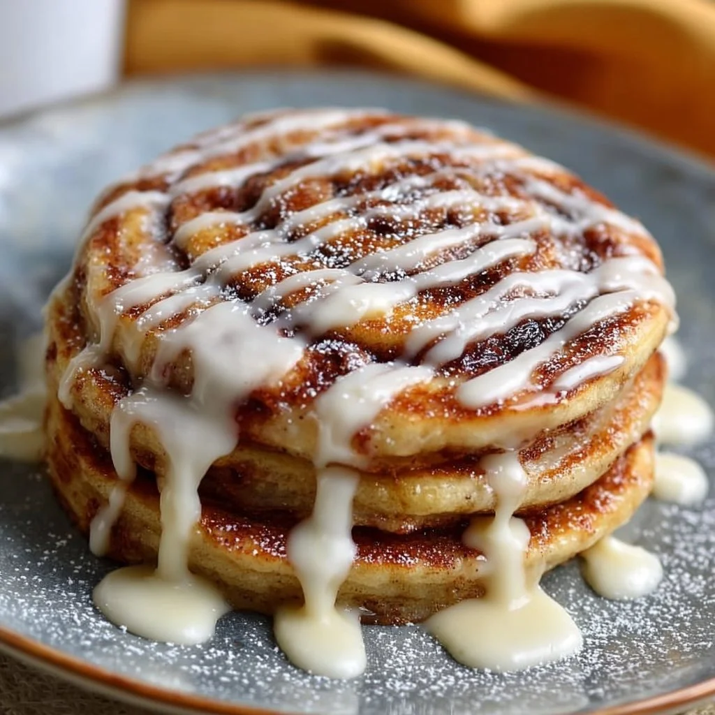 Delicious cinnamon roll pancakes drizzled with icing on a plate