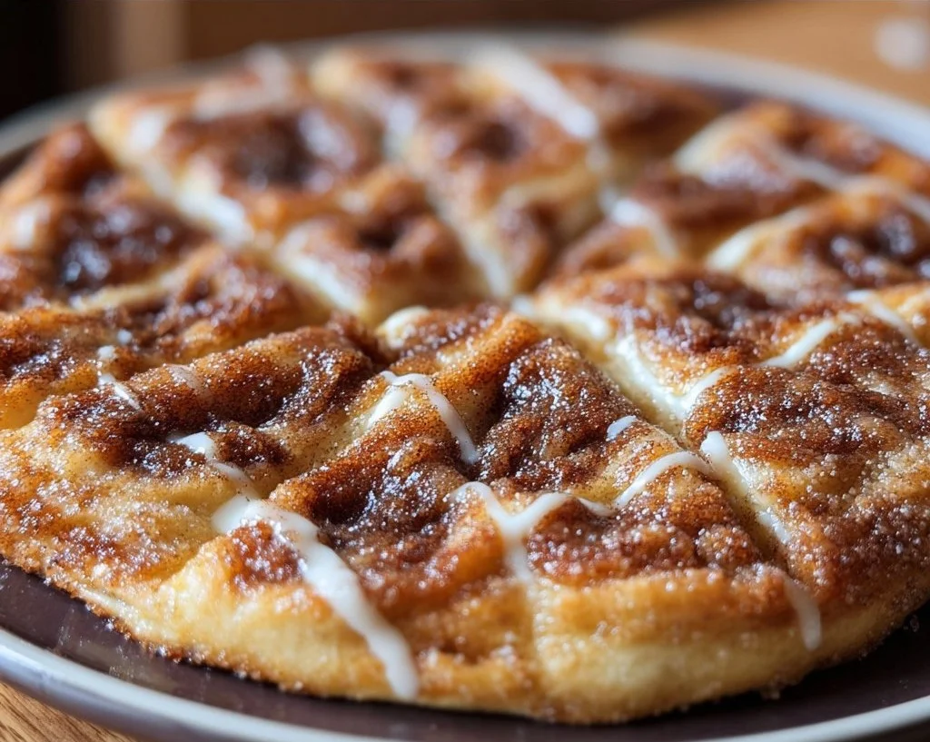 Delicious cinnamon-sugar pizza made with crescent rolls topped with cinnamon and sugar