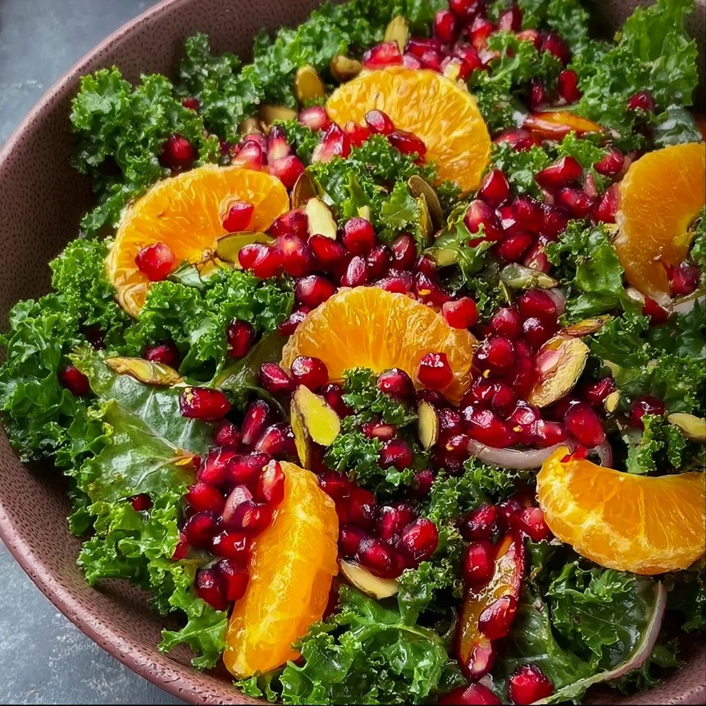 Citrus Pomegranate Kale Salad with vibrant ingredients on a plate