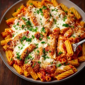 Classic Chicken Parmesan Pasta Classic Chicken Parmesan Pasta served with marinara sauce and melted cheese