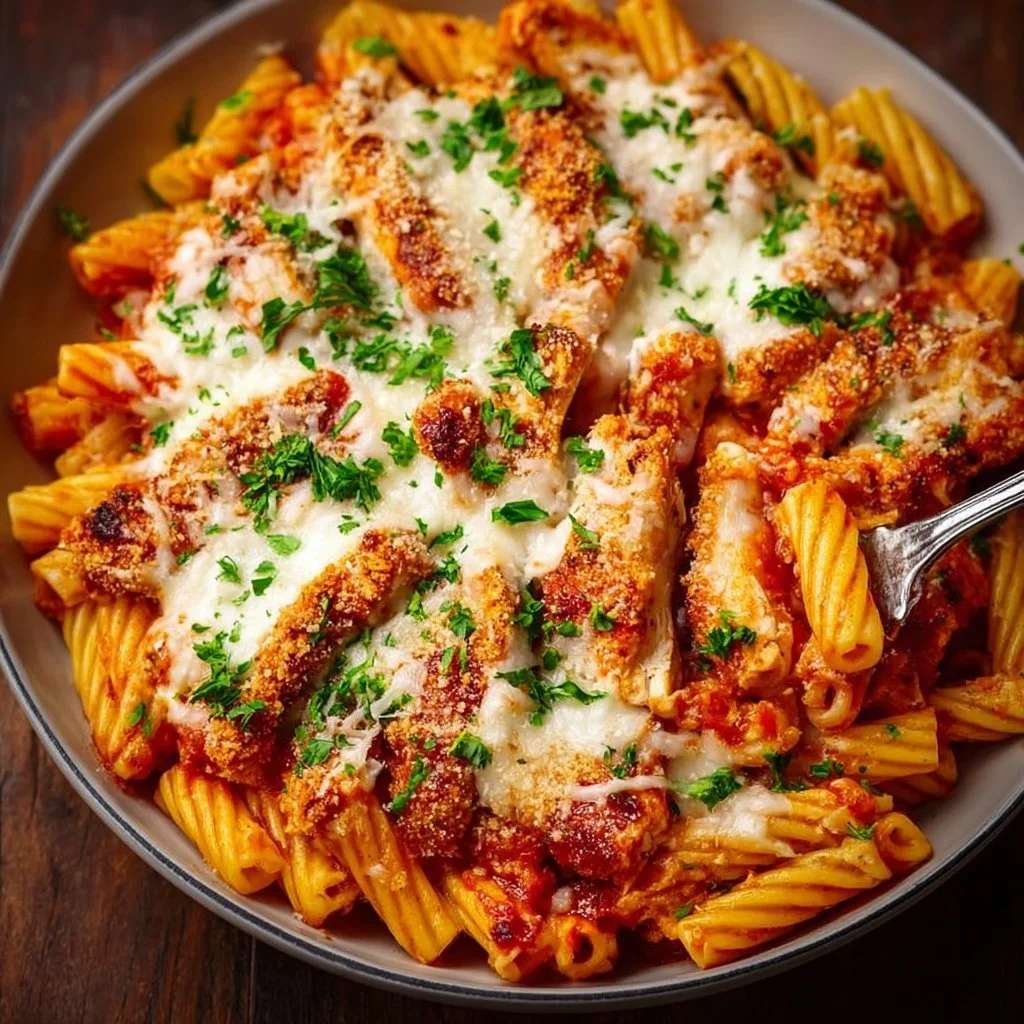 Classic Chicken Parmesan Pasta served with marinara sauce and melted cheese