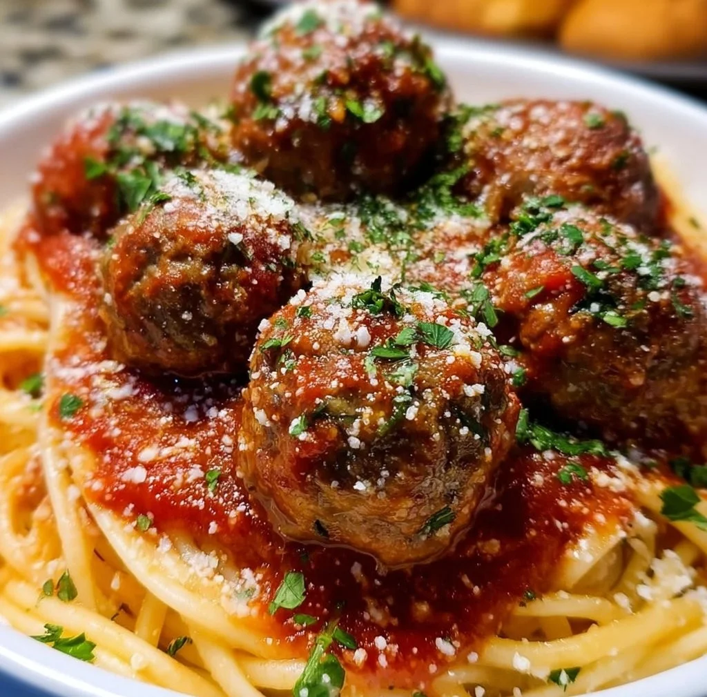 A plate of classic Italian meatballs with marinara sauce and herbs
