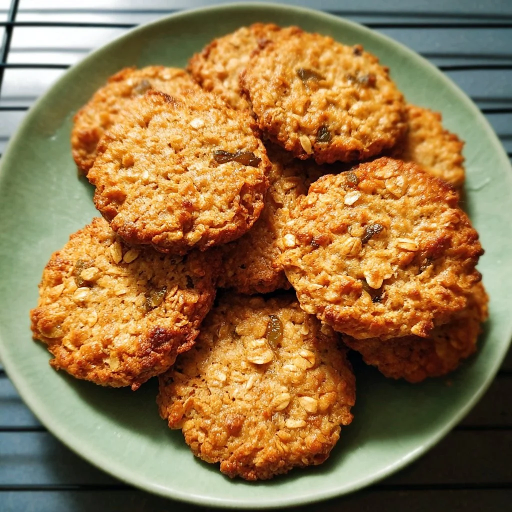 Delicious Coconut Apricot Oat Cookies on a plate, showcasing their golden brown texture.