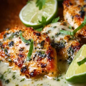 Delicious Coconut Lime Chicken served with fresh herbs and lime wedges