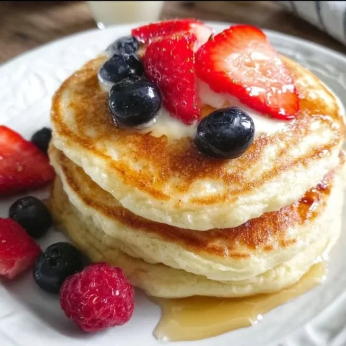 Fluffy cream cheese pancakes stacked on a plate with syrup and berries