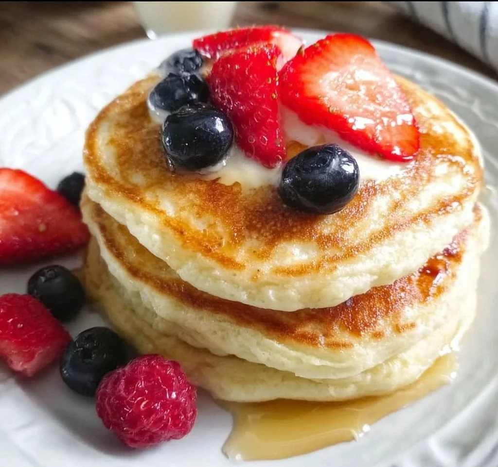 Fluffy cream cheese pancakes stacked on a plate with syrup and berries