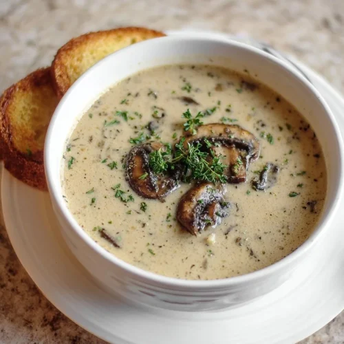Creamy homemade mushroom soup served in a bowl with fresh herbs