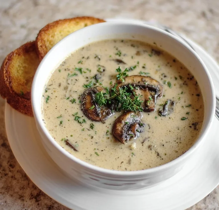 Creamy homemade mushroom soup served in a bowl with fresh herbs