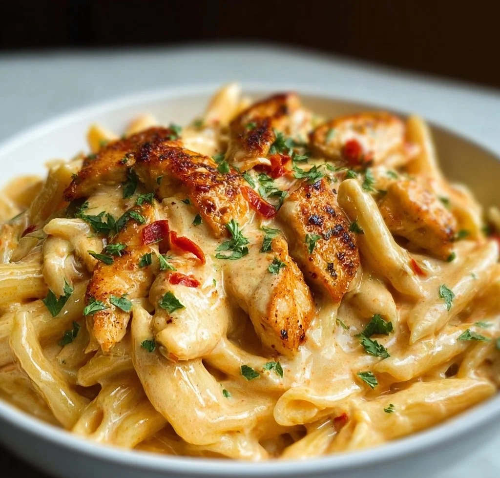 Plate of creamy Cajun chicken pasta garnished with parsley