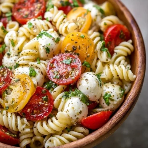 Creamy Caprese pasta salad with tomatoes, mozzarella, and basil