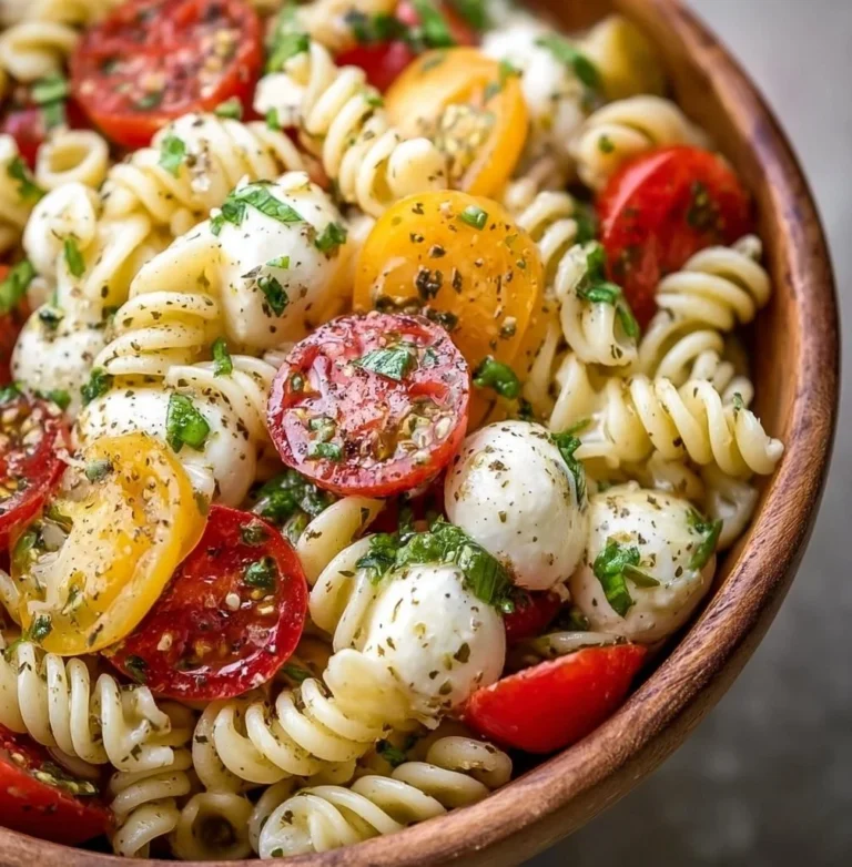 Creamy Caprese pasta salad with tomatoes, mozzarella, and basil