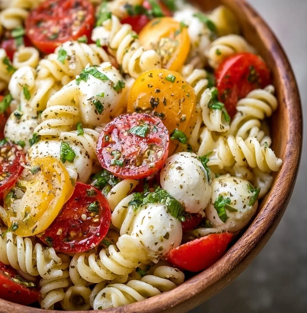 Creamy Caprese pasta salad with tomatoes, mozzarella, and basil