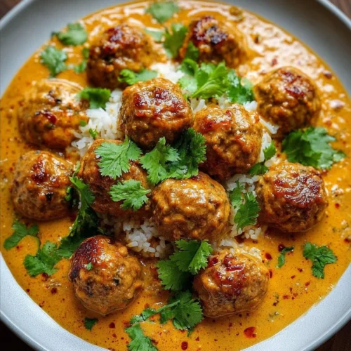 Creamy coconut curry meatballs served in a bowl with vibrant herbs