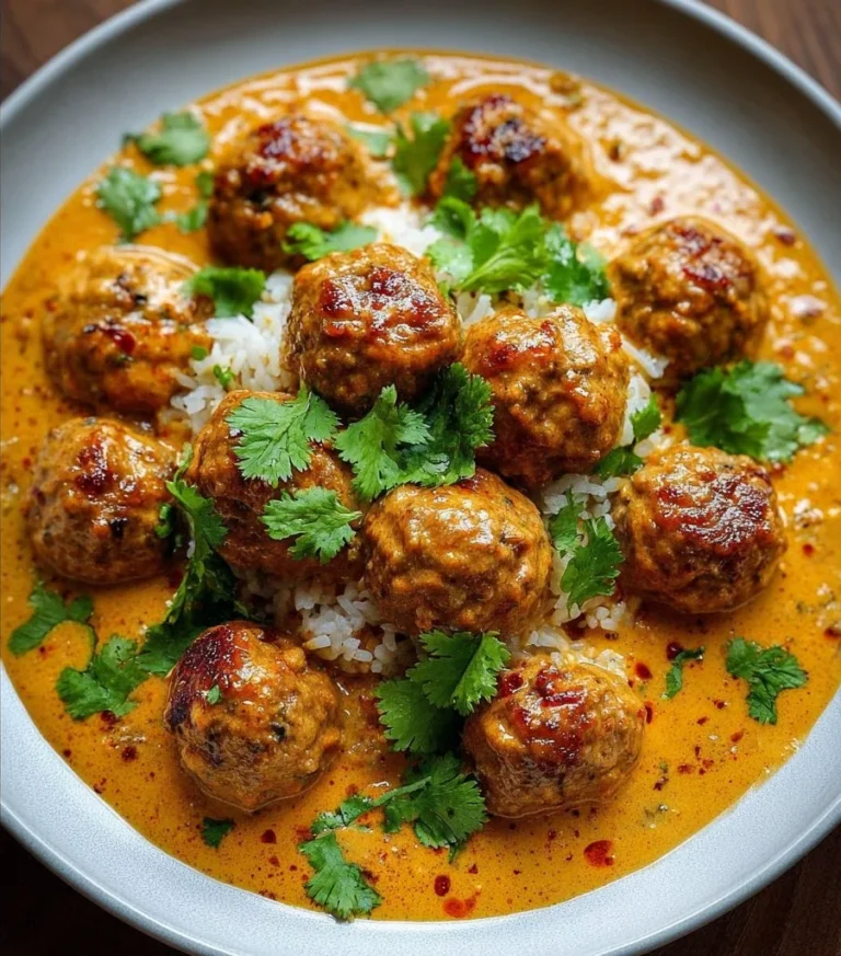 Creamy coconut curry meatballs served in a bowl with vibrant herbs