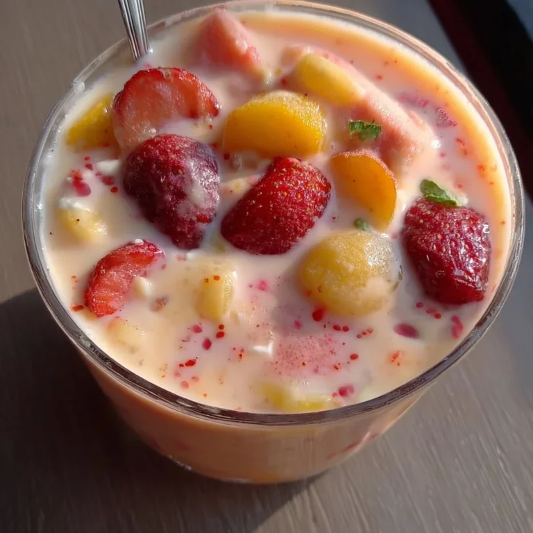 Creamy fruit mocktail garnished with fresh fruits in a glass