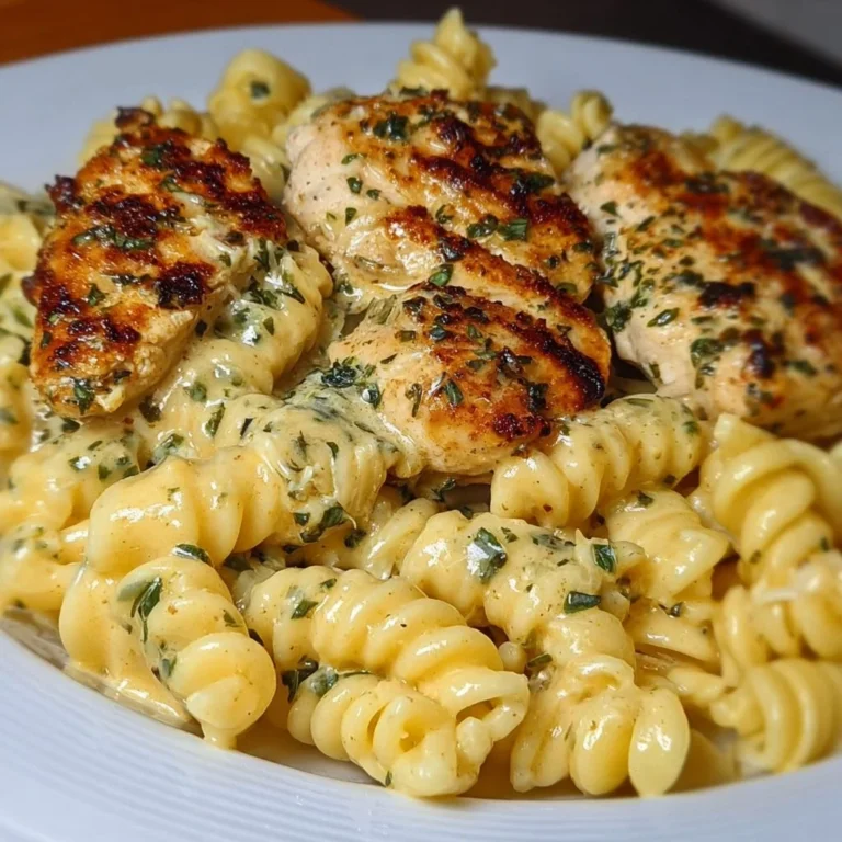 Creamy Garlic Parmesan Chicken Pasta with herbs and garlic sauce
