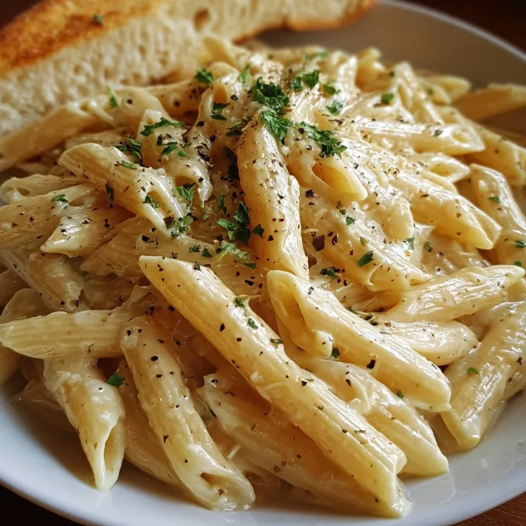 Creamy garlic penne pasta dish garnished with herbs and cheese.