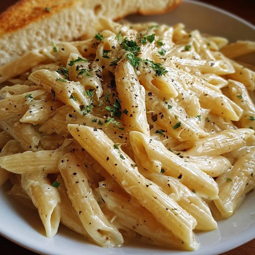 Creamy garlic penne pasta dish garnished with herbs and cheese.