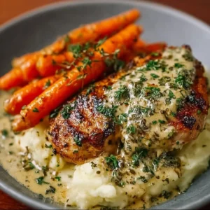 Creamy Herb Chicken with Mashed Potatoes and Honey Glazed Carrots dish