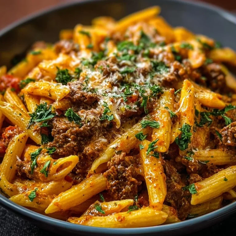 Creamy high protein beef pasta dish garnished with herbs