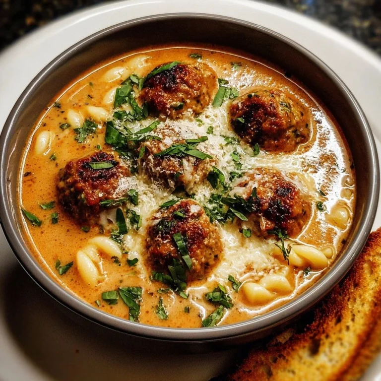 Creamy Italian meatball soup served in a bowl with herbs and bread