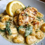 Creamy Lemon Parmesan Chicken Gnocchi with fresh herbs and cheese.