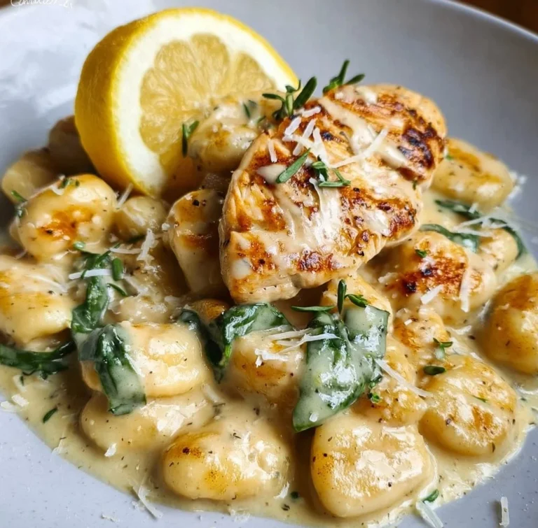 Creamy Lemon Parmesan Chicken Gnocchi with fresh herbs and cheese.