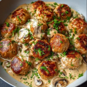 Creamy mushroom chicken meatballs served on a plate with herbs.