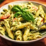 Creamy pesto pasta dish topped with fresh basil and parmesan cheese