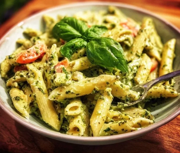 Creamy pesto pasta dish topped with fresh basil and parmesan cheese