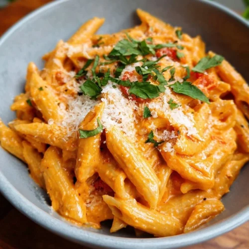 Bowl of creamy tomato pasta topped with fresh basil and grated parmesan cheese