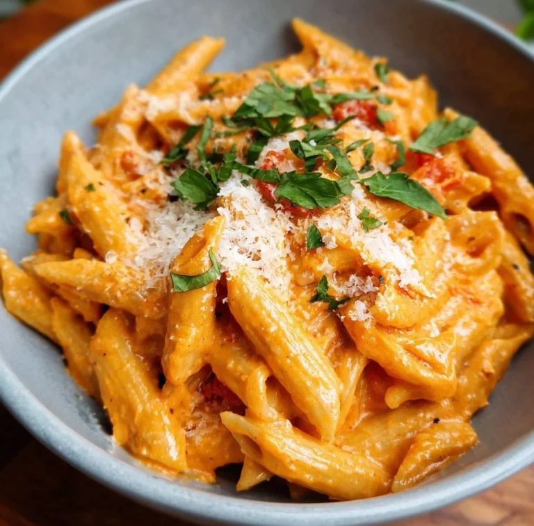 Bowl of creamy tomato pasta topped with fresh basil and grated parmesan cheese
