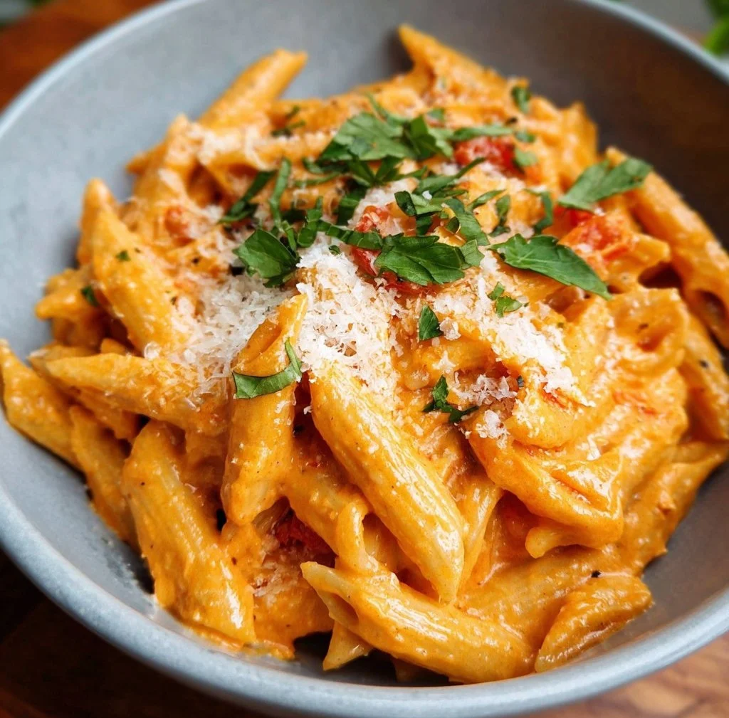 Bowl of creamy tomato pasta topped with fresh basil and grated parmesan cheese