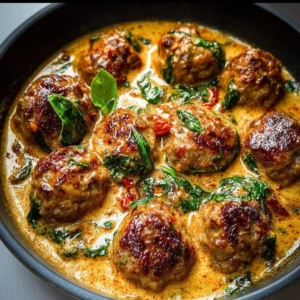 Creamy Tuscan low carb meatballs served in a rich sauce