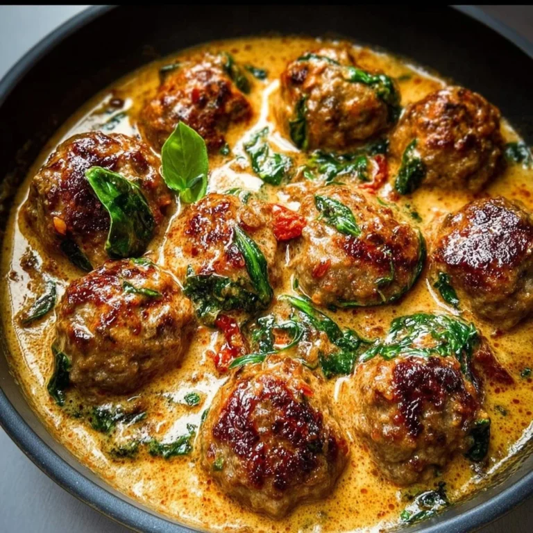 Creamy Tuscan low carb meatballs served in a rich sauce