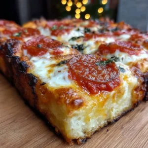 Delicious crispy Detroit Style Pizza with a thick crust and savory toppings